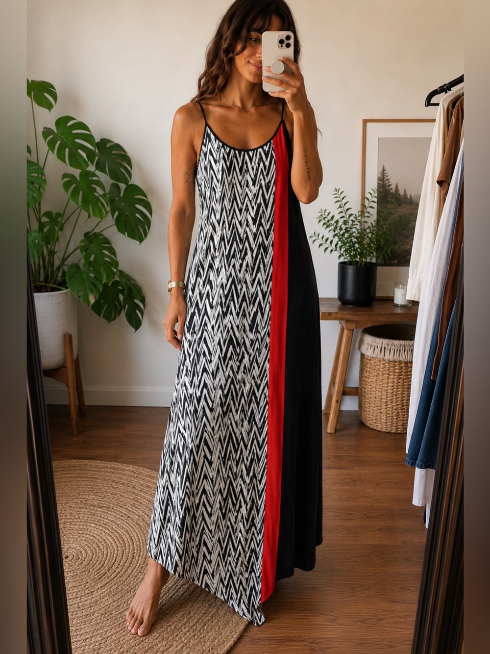 White House Black Market Striped Panel Maxi Dress with Red Accent Size 4